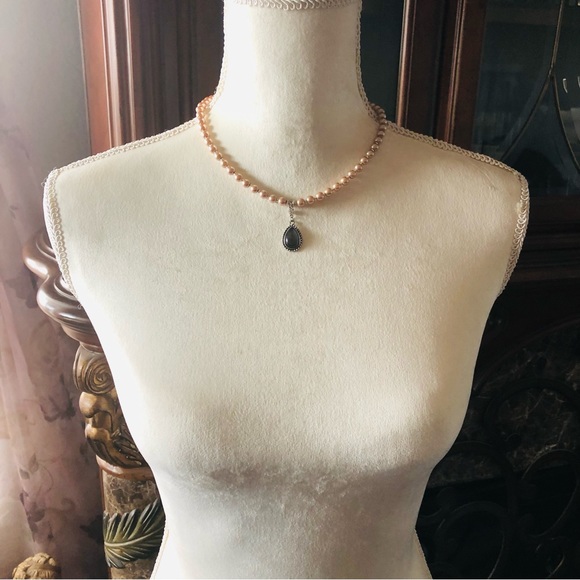 Handcrafted repurpose grey moon glow teardrop pendant Czech glass Pearl necklace - Picture 5 of 9